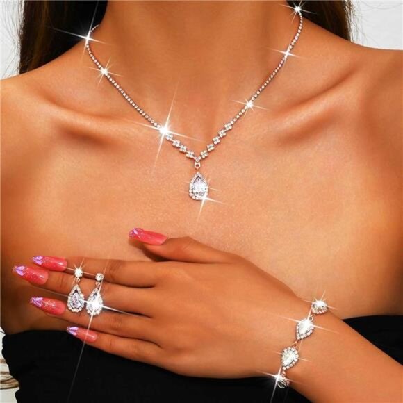 Bride Crystal Necklace Earrings Set  D-3 Pack Rose Gold Necklace Bracelet Earrin - Picture 6 of 7